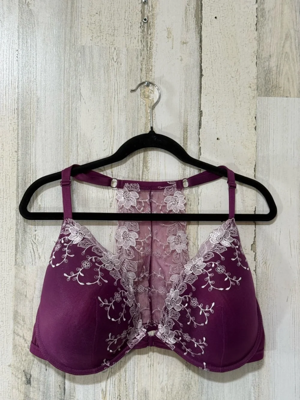 Rene Rofe Plum Lace Racerback Underwire Bra with White Embroidery - Picture 3 of 9